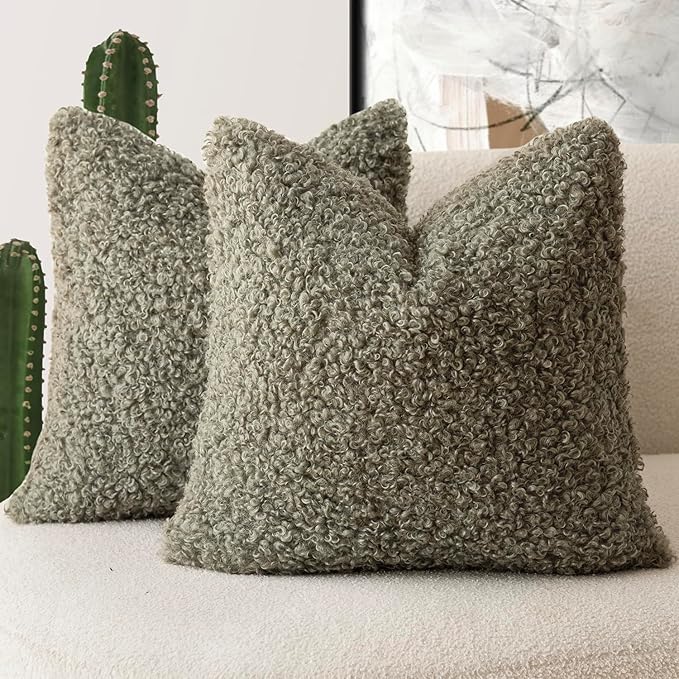 Foindtower 2 Pieces 20x20 Inch Sage Green, Faux Fur Throw Pillow Cover Accent Sherpa Pillow Fuzzy Soft Pillowcases Sheepskin Decorative Fleece Cushion Case for Bed Couch Living Room