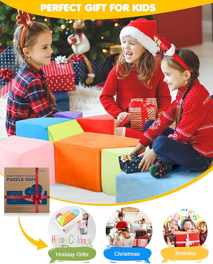 Kids Play Couch, 2-in-1 Heart-Shape Kids Plays Sofa with Unique Ball Pit(no Balls Included), Tangram Puzzle Play Couch for Playroom, Modular Play Sofa for Inspiring Creativity, Rainbow