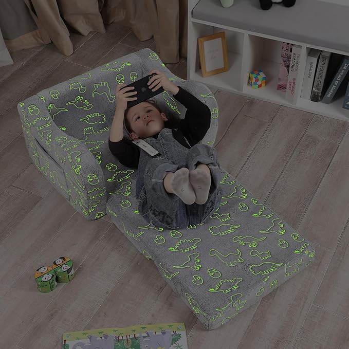 Dinosaur Glow in The Dark Toddler Couch, 2-in-1 Toddler Soft Couch Fold Out with Star Pillow, Convertible Sofa to Lounger for Girls and Boys, 1-Seat