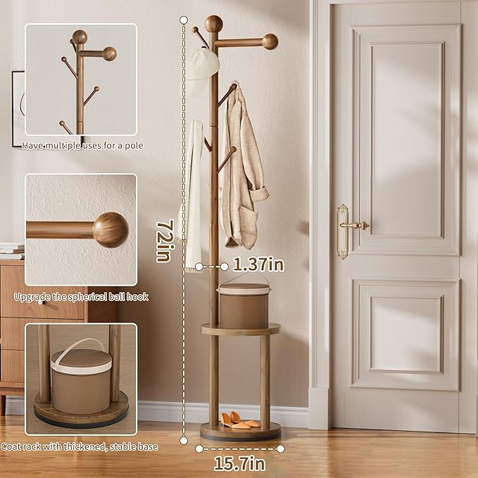 Solid Wood Rotary Coat Rack, Freestanding 360° Swivel Coat Rack with Heavy-Duty Base, 8 Hooks & 2-Tier Shelves for Entryway, Bedroom, Office, Standing Coat Tree for Jackets, Hats, Bags (Walnut)