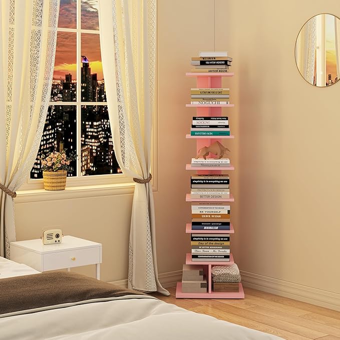 TUTOTAK Bookshelf, 8-Tier Bookcase, Narrow Spine Book Shelf for Small Space, Corner Standing Shelf for Living Room, Office, Study, Entryway, Pink BS06BP008