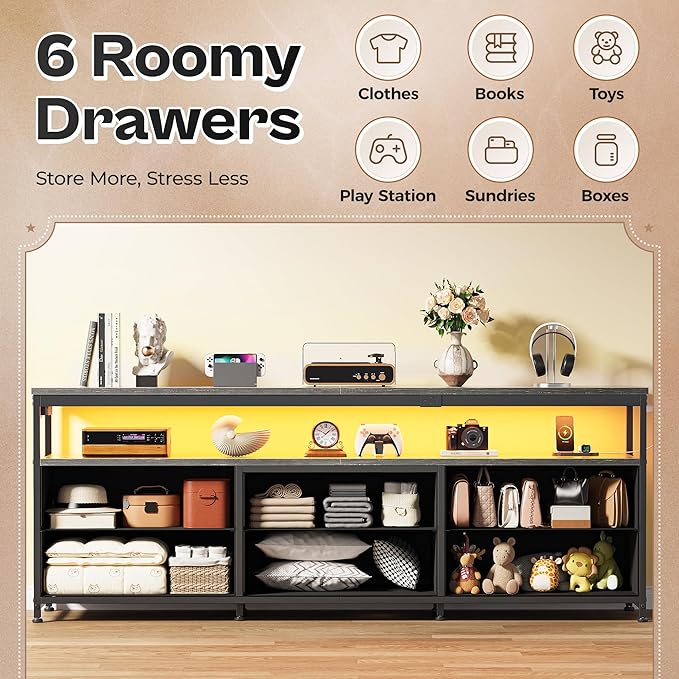 Huuger 63 Inch TV Stand for 55, 65, 70 Inch TV, Long Dresser TV Stand for Bedroom, Charcoal Black LED TV Stand with Power Outlets, Fabric Dresser with Storage, Entertainment Center for Living Room