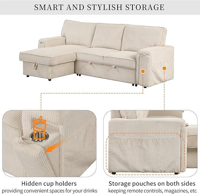 96.1 Inch L-Shaped Convertible Sectional Sleeper Sofa with Pull Out Bed, Storage Bags and 2 Hidden Cup Holders on Arms, Upholstered Corner Couch for Living Room Office Apartment, Beige