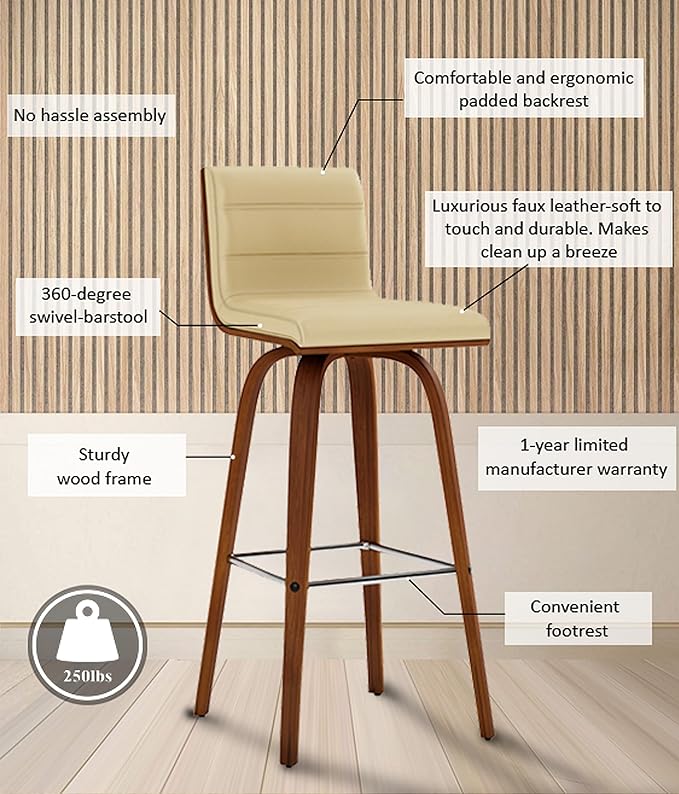 Vienna 30" Swivel Bar Stool in Walnut Wood Finish with Cream Faux Leather - Set of 4