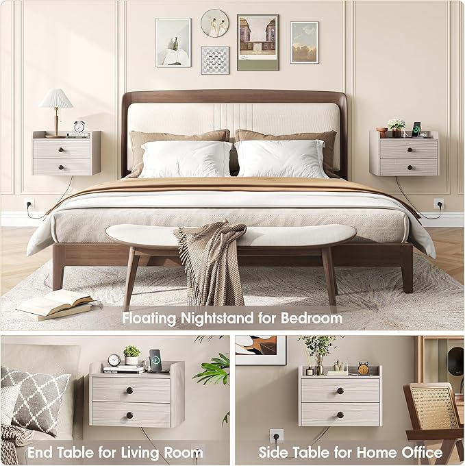 Floating Nightstand Set of 2 with 2 Storage Drawers and Charging Station Wood Wall Mounted Bedside End Table Modern Night Stands Set 2 for Bedroom,Small Space,Grey Black