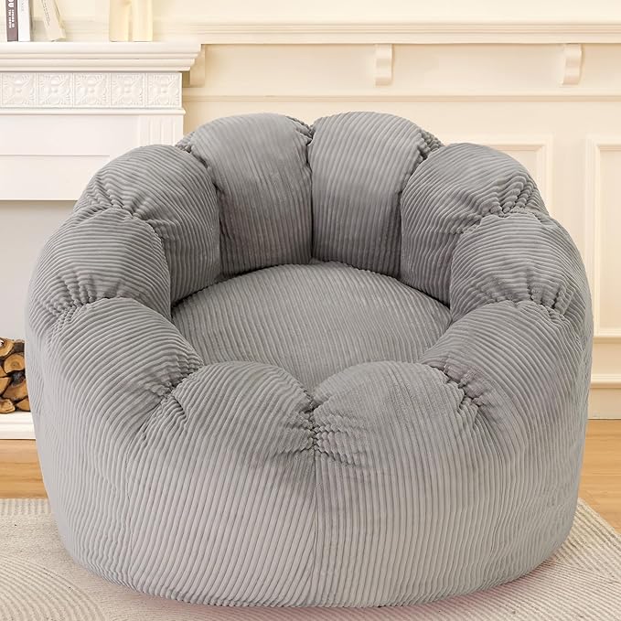 HABUTWAY Giant Bean Bag Chair for Adults/Kids/Teens, Pumpkin Bean Bag Couch Comfy Reading Chair for Bedroom, Corduroy Lazy Sofa Loughe Chair with Wider Seat Depth & Non-Slip Bottom(Grey)