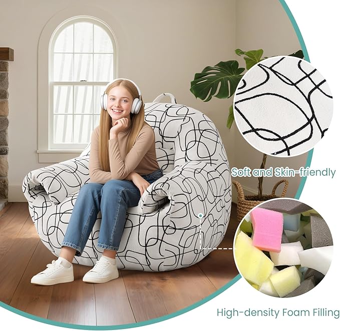 DAICO Bean Bag Chairs for Adults Bean Bag Sofa with Armrests Comfy Accent Chair White Single Lazy Floor Sofas with Foam for Living Room Reading Bedroom Gaming Office (Stripe Pattern)