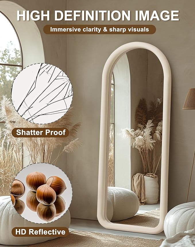 Delma Arched Full Length Mirror, Free Standing Floor Velvet Frame Mirror for Leaning or Hanging, Soft Touch Bedroom & Living Room Decor, Cream White