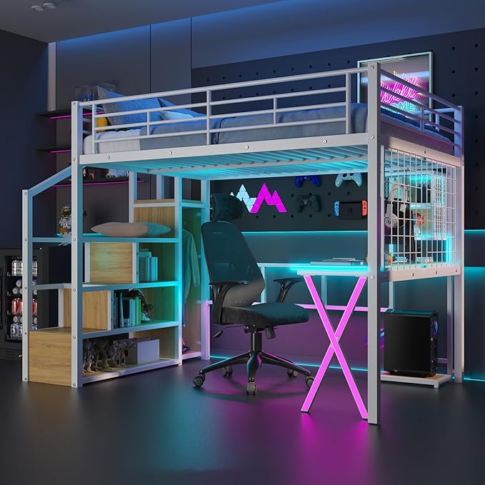 Merax Full Size Metal Loft Bed with Built-in Work Station, Wardrobe, Storage Staircase and LED, Gaming Bed for for Kids Teens Adults, Full-Length Guardrails, No Box Spring Needed, White