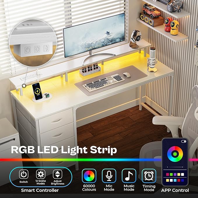 Huuger 55 Inch Computer Desk with Power Outlets and LED Lights, Gaming Desk with 4 Drawers, Office Desk with Monitor Stand, Study Work Home Office, White