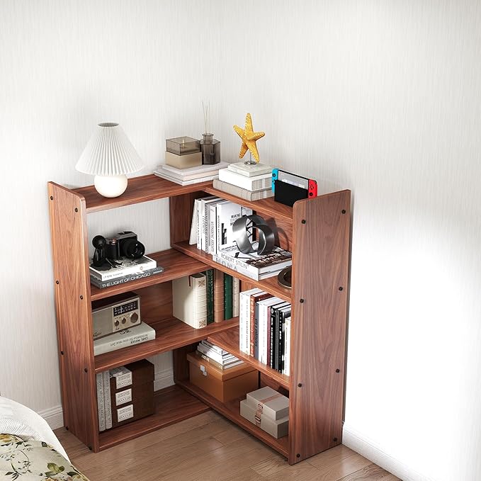 Open Shelf Low Bookcase,Wooden 4-Tier Floor Standing Expandable 25-47 inch Wide Bookcase,with Side Panels Frame for Home and Office (Walnut)
