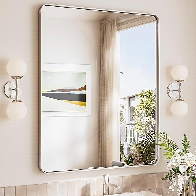 TokeShimi 30x36 Brushed Nickel Mirror for Bathroom,Modern Bathroom Vanity Mirror,Tempered Glass,Aluminum Framed Mirror(Horizontal/Vertical)