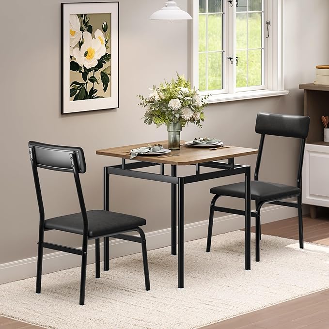 IDEALHOUSE 3 Piece Dining Room Table Set, Kitchen Table Set for 2 with Brown Wooden Grain Kitchen Table and 2 PU Upholstered Metal Chairs, Dining Room Set for Small Space,Home Dinner(2 Black Chairs)
