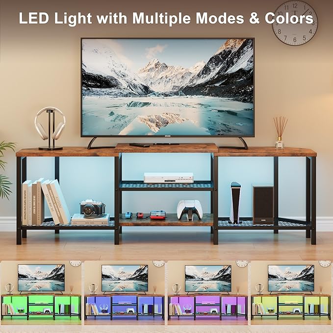 GarveeHome 67 Inch Large TV Stand with LED Lights for 55/65/75 Inch TV, Corner Entertainment Center with Power Outlets, 4 Open Storage Shelves, Media Console for Living Room, Bedroom, Vintage Brown
