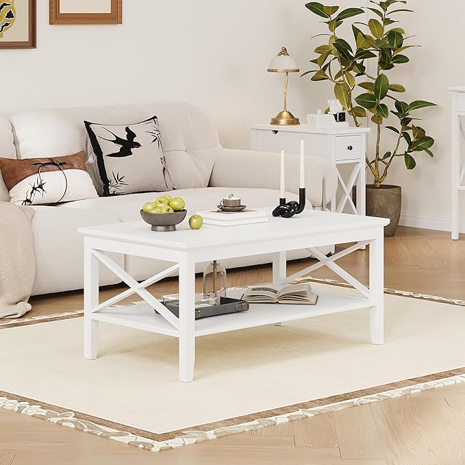 ChooChoo Coffee Table Classic X Design for Living Room, Rectangular Modern Cocktail Table with Storage Shelf, 47 Inch