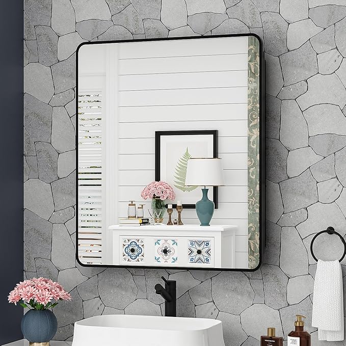 30x32 Inch Bathroom Medicine Cabinet with Mirror Black Metal Framed Mirror Cabinet Recessed or Surface Wall Mounted Medicine Cabinets for Bathroom