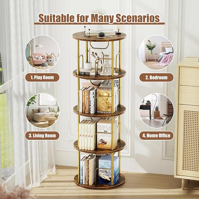 Rotating Bookshelf, 4 Tier Spinning Bookshelf Tower, 360° Display Unique Round Bookcase, Floor Standing Corner Revolving Bookshelf Storage Organizer for Small Spaces, Home Study Office, Gold
