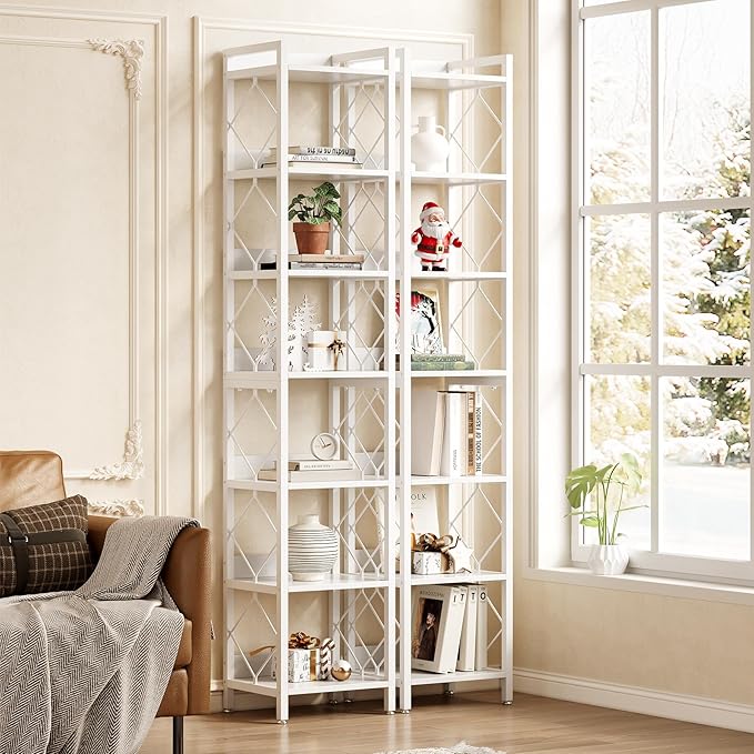 LITTLE TREE Book Shelf Set of 2, 7-Tier Tall Bookcase, Wooden Display Shelves with Metal Frame for Living Room, Modern Narrow Standing Bookshelves for Bedroom, White Office Shelf for Small Spaces