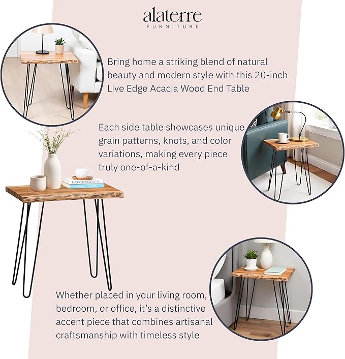 Alaterre Furniture Natural Live Edge End Table - 15” x 20” x 27” Acacia Wood Side Table with Metal Hairpin Legs and Protective Floor Pads - Mid Century Modern Living Room Furniture (Natural)