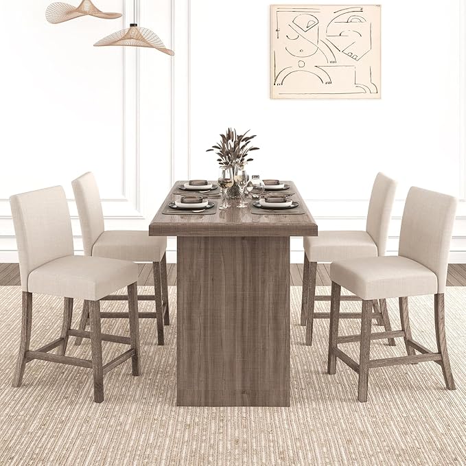 COSTWAY Upholstered Counter Height Stools Set of 2, Bar Stools w/Ergonomic Backrest, Solid Wood Frame, 24.5” Fabric Counter Height Chairs for Kitchen Island, Dining Room, Pub (Beige)