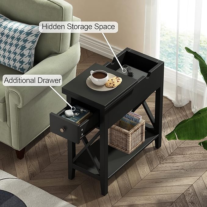 ChooChoo End Table, MDF Material Flip Top Narrow End Table with Drawer, Accent Small Side Table Nightstand for Living Room, Bedroom, and Small Spaces - Black