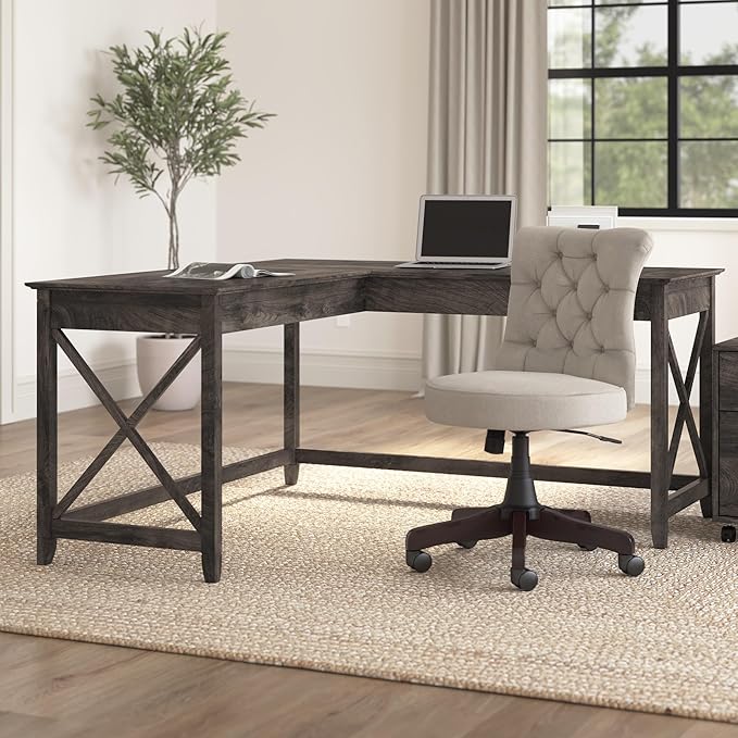 Bush Furniture Key West L Shaped Desk, 60-inch Modern Farmhouse Writing Desk for Home Office