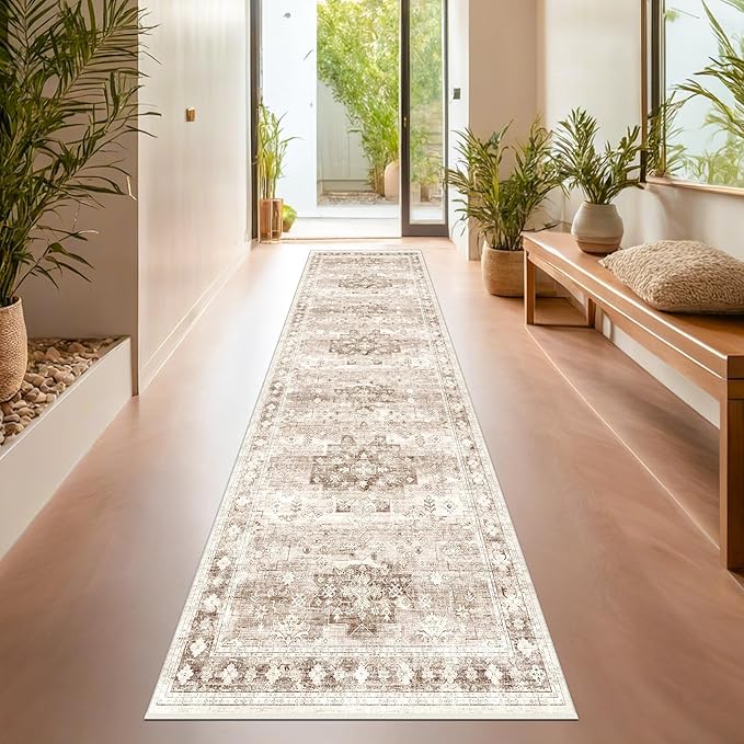 Non Slip Hallway Runner Rug - 2 x 10 Runner Rug, Washable & Waterproof Kitchen Floor Mat - Extra Long Neutral Farmhouse Boho Design Décor (2x10 Beige/Latte)
