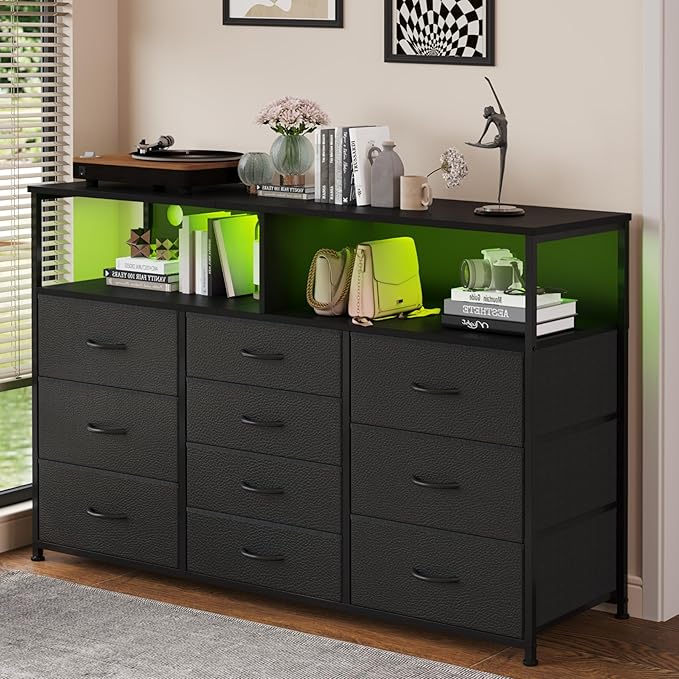 55W 10-Drawers Dresser with 2 Open Storage Shelves, TV Stand Dresser for 55,65 inch TV，with Power Outlets and LED Lights, Fabric Dressers Drawers for Bedroom, Living Room (Black)