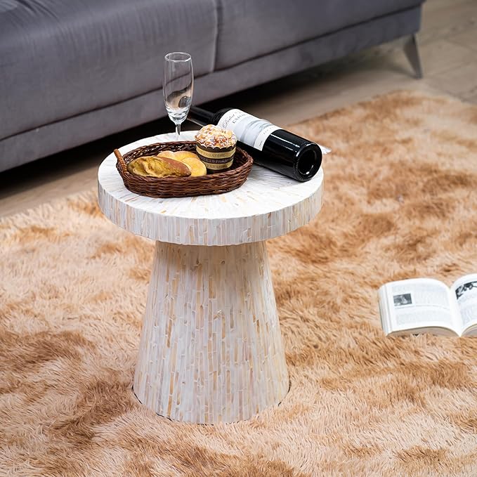 PEMAR Mother of Pearl Pedestal Side Table Modern Mushroom Minimalist Drink Accent End Table for Small Space, Bedside for Bedroom, Living Room, Hallway (White & Cream Sunlight)