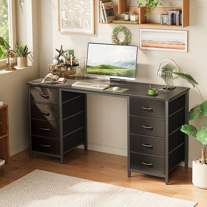 Huuger 55 Inch Computer Desk with 8 Fabric Drawers, Office Desk Work Desk for Home Office, Study, Gaming Desk with Drawers, Large Storage, Black