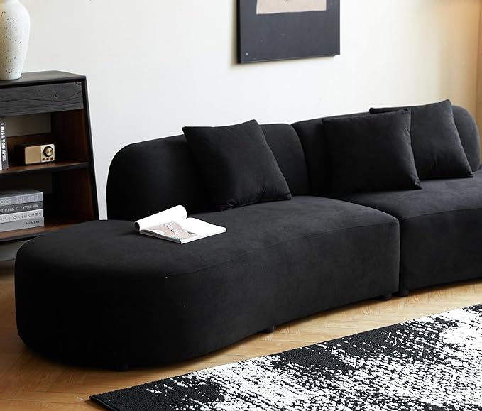 Container Furniture Direct 132" Curved Sofa with Throw Pillows, 6 Seater Luxury Velvet Couch with Half Moon Design and High-Density Foam, Ideal for Modern Living Room, Office & Apartment, Black