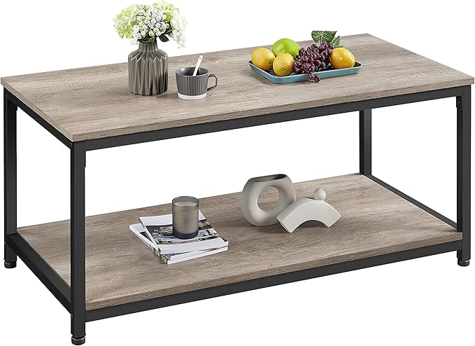 Yaheetech 39.5" 2-Tier Coffee Table with Storage Shelve, Industrial Gray Coffee Table, Easy Assembly, Wooden Center Tables for Living Room & Small Space, Gray
