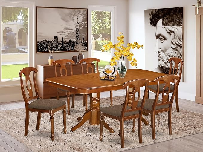 East West Furniture NANA7-SBR-C 7 Piece Dining Room Furniture Set Consist of a Rectangle Kitchen Table with Butterfly Leaf and 6 Linen Fabric Upholstered Chairs, 40x78 Inch, Saddle Brown