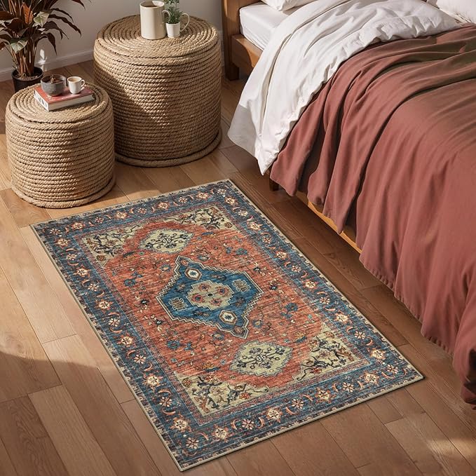 Tangsoo Washable Entryway Rugs 2x3 Vintage Non Slip Small Area Rug, Indoor Front Door Rug, Print Distressed Door Mat Indoor Entrance Soft Low Pile Throw Rug for Entry Kitchen BedroomTerracotta