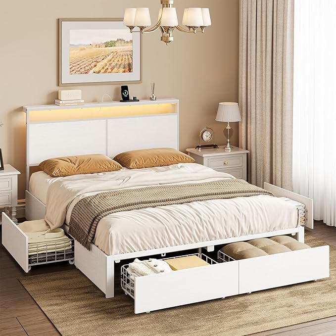 Queen Bed Frame with 4 Storage Drawers Bed Frame Queen Size with Headboard LED Lights Charging Station Metal Slats Platform Heavy-Duty Support No Box Spring Needed White