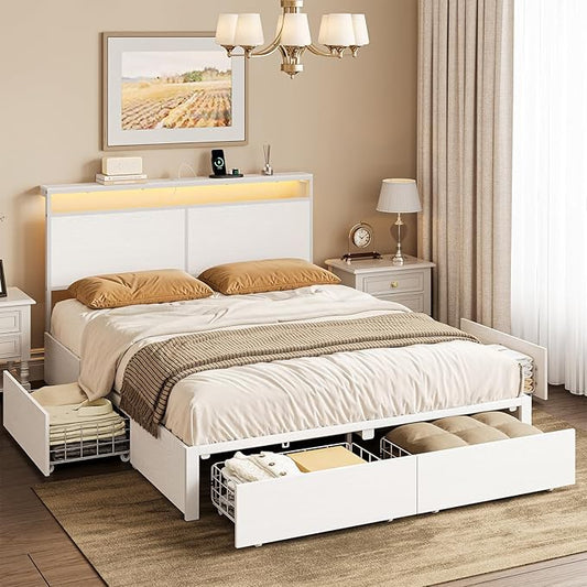 Queen Bed Frame with 4 Storage Drawers Bed Frame Queen Size with Headboard LED Lights Charging Station Metal Slats Platform Heavy-Duty Support No Box Spring Needed White