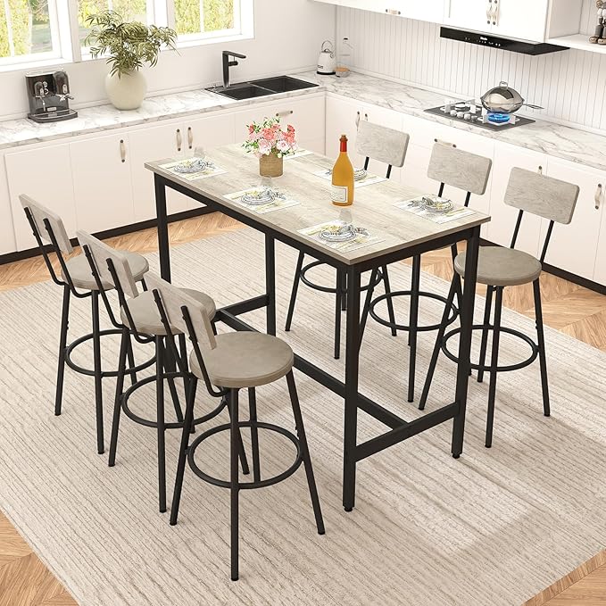Rovibek Dining Table Set for 6, Bar Table and Chairs Set, Modern 6 Piece High Top Table and Chairs, Industrial Bar Height Pub Tables for Kitchen, Dining Room, Grey