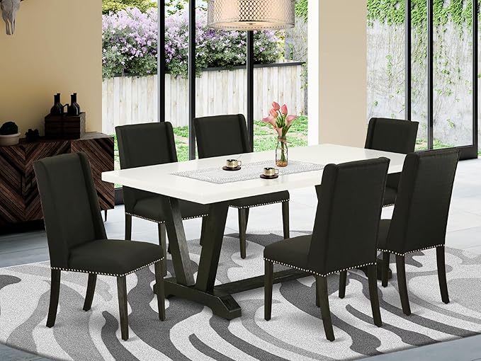 East West Furniture V627FL624-7 7 Piece Modern Dining Table Set Consist of a Rectangle Wooden Table with V-Legs and 6 Black Linen Fabric Parson Dining Chairs, 40x72 Inch, Multi-Color