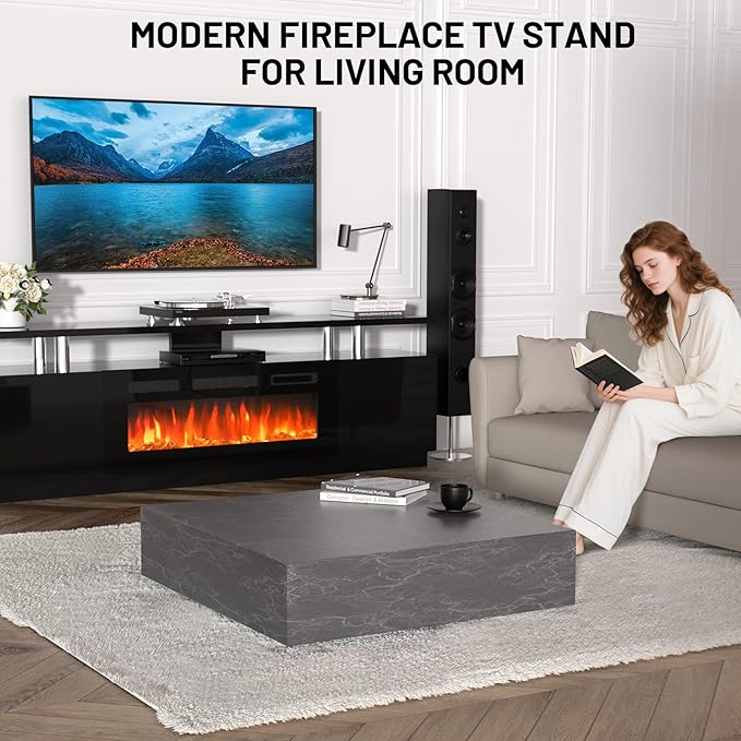 70'' Fireplace TV Stand with 36'' Firplace, Entertainment Center, 2 Tier TV Console Cabinet with Storage Cabinet, Electric Fireplace Heater with 12 Frame and LED Light Colors, Black
