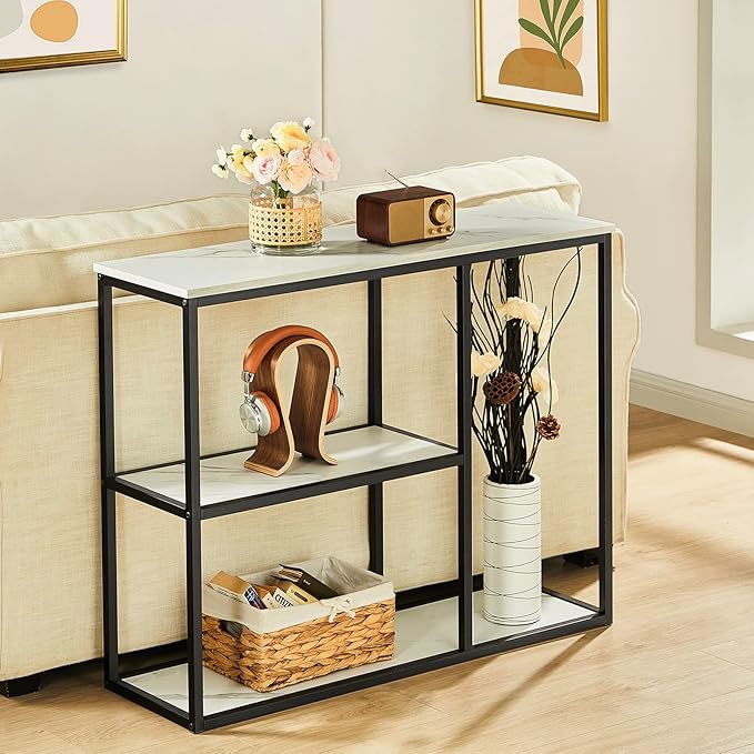 WOHOMO Console Table, 12 Inch Narrow Entryway Table for Living Room, 31.5 Inch Modern Industrial Sofa Table with 3-Tier Storage Shelves for Corridor, Hallway, White Marble