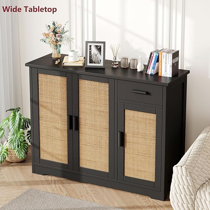 Irontar Kitchen Storage Cabinet, Sideboard Buffet Cabinet with Rattan Doors, Farmhouse Console Table with Drawer, Coffee Bar, Accent Table for Kitchen, Living Room, Hallway, Black and Natural CWG010BM