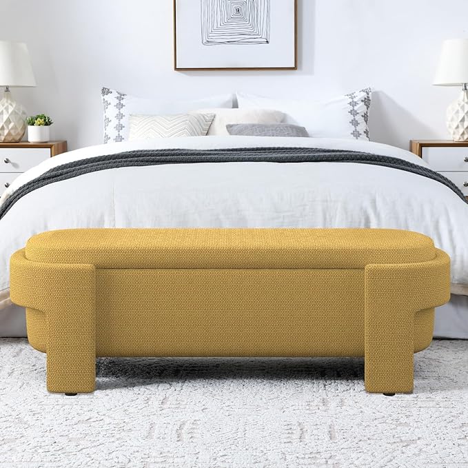 KEIKI 51" Linen Ottoman Bench with Large Storage Space, Upholstered Seating Foot Rest Stool Furniture for Bedroom, Living Room, Entryway, Yellow
