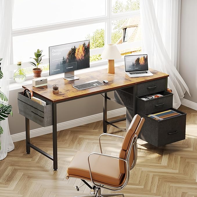 Casaottima 40" Small Computer Home Office Desk for Bedroom with Fabric Drawers & File Cabinet, Cloth Storage Bag and Hook, Writing Study Work Table for Small Space, Vintage