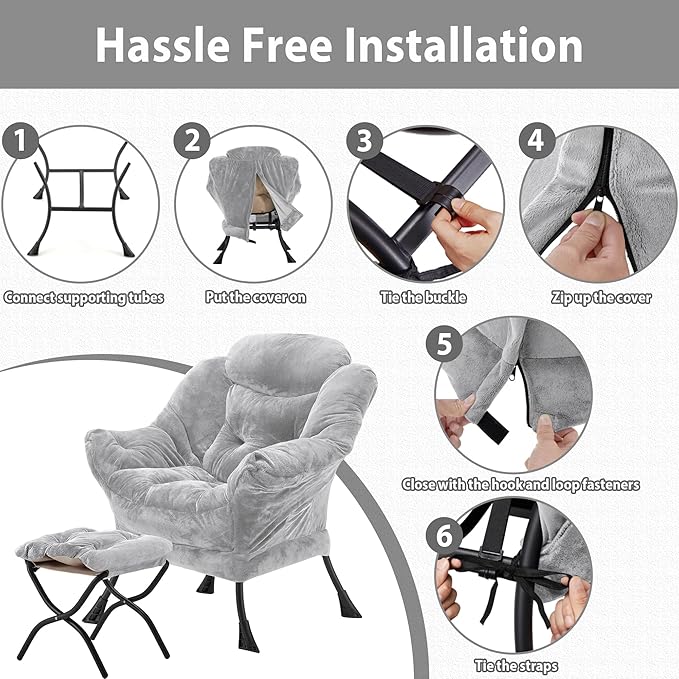 Lazy Chair with Folding Ottoman, Accent Chair Plush Upholstered with Metal Structure and Non-Slip Pads, Sofa Armchair with Footrest and Side Storage Bag for Dorm, Room, Office, Light Gray