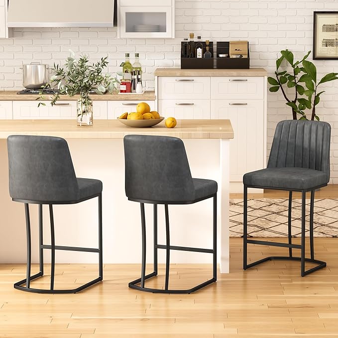 Counter Height Bar Stools Set of 2, Upholstered Leather Barrel Barstools with Back and Metal Legs for Kitchen Island, 27.4" Seat Height, Fabric in Faux Leather, Rustic Grey