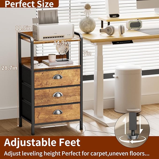 Night Stand Bedside Storage Drawers Bed Side Table Drasser Organizer Nightstand with Shelf End Tables with 3 Chest Drawer Traditional Night Stands for Bedroom Living Room Dorm Rustic Brown
