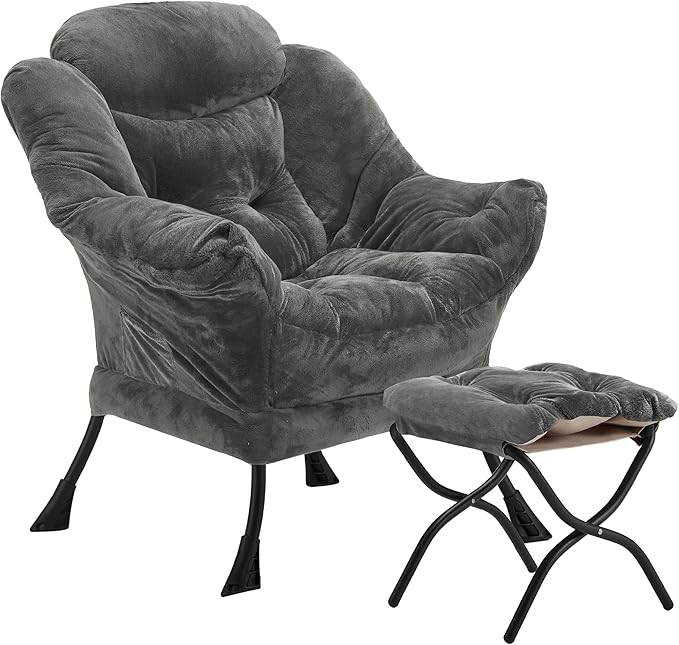 Lazy Chair with Folding Ottoman, Accent Chair Plush Upholstered with Metal Structure and Non-Slip Pads, Sofa Armchair with Footrest and Side Storage Bag for Dorm, Room, Office, Dark Gray