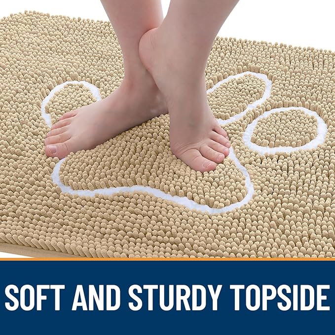 OLANLY Door Mat for Muddy Dog Paws 59x35, Ultra Absorbent Chenille Mud Doormat with Paw Print Design, Non-Slip Washable Doormat for Indoor Entryway, Quick-Dry Pet Bed Mats for Dirty Dogs, Beige