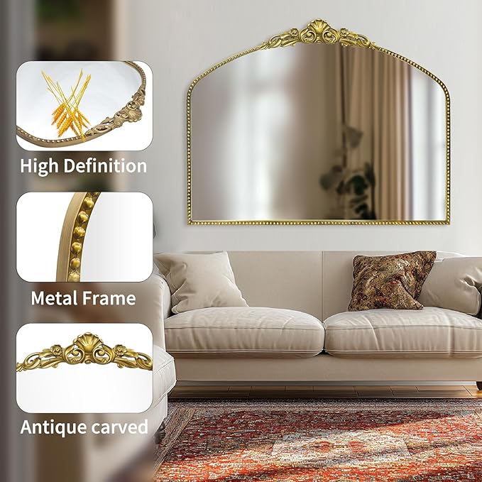 G-LEAF Vintage Baroque Mirror 40"X30",Victorian Antique Mirror, Farmhouse Mantel Mirror with Black Brush Gold Ornate Metal Frame for Fireplace Entryway Living Room Hallway Bathroom