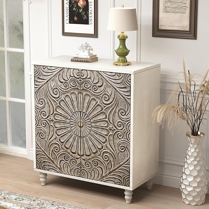 COSIEST 32" W Sideboard Buffet Cabinet with Storage, Accent Cabinet with 2 Push-to-Open Magnetic Doors, Vintage MDF Buffet Table for Living Room, Kitchen, Hallway (Gray,Flower Pattern)